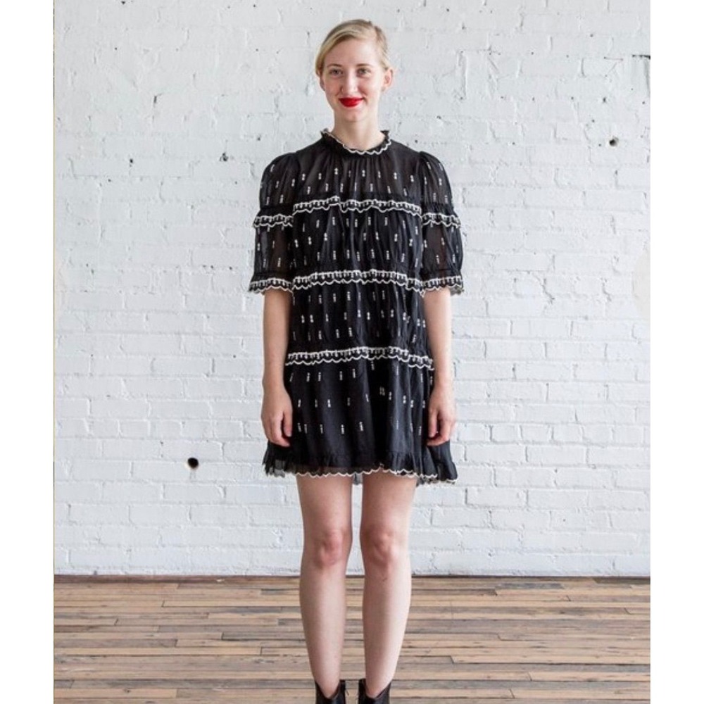 Isabel‎ Marant Etoile Lyin Dress Women Med Black White Embroidered Tiered Boho